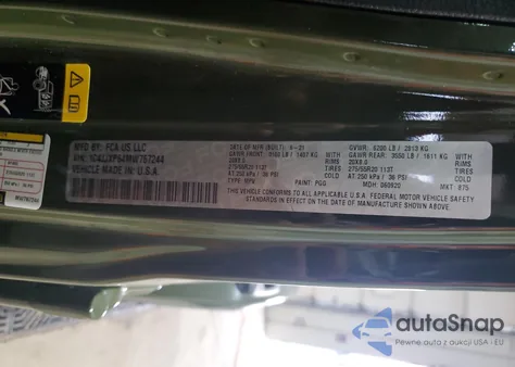 2021 Jeep Wrangler Unlimited Sahara 4Xe z USA, uszkodzony, nr VIN 1C4JJXP64MW767244